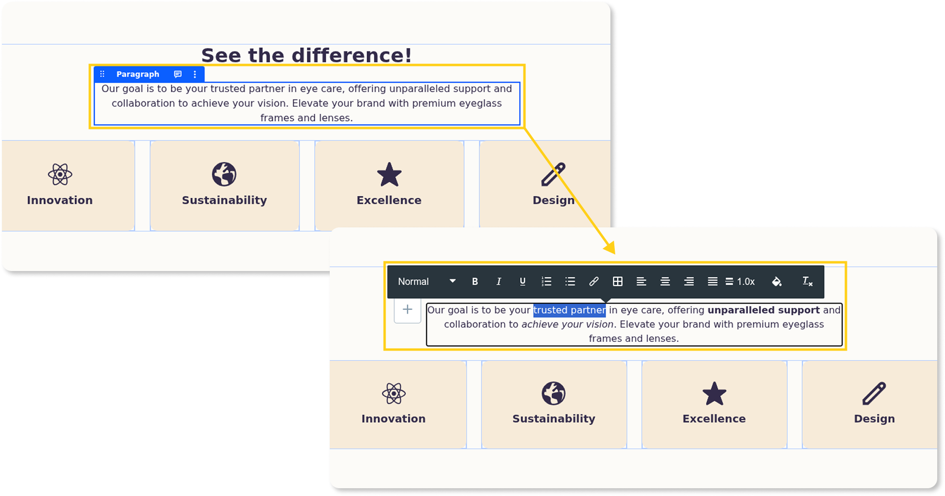 In-line content is added directly to fragments while building pages.