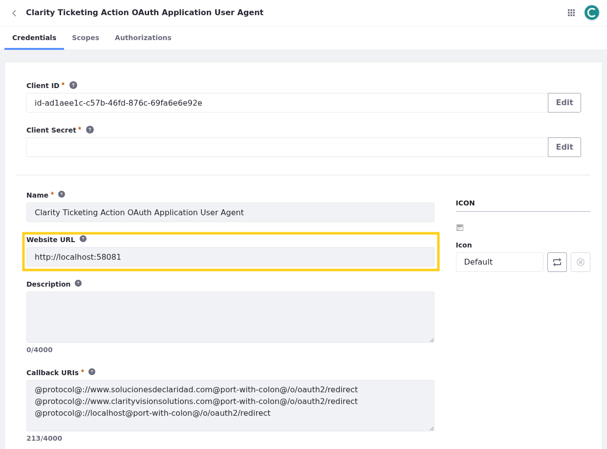 OAuth2 applications include a website URL parameter to connect external services and your microservice client extensions.