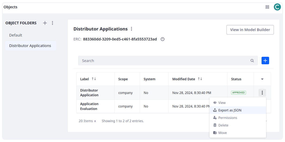 When you export object definitions, the JSON includes the object’s complete schema, including configurations, fields, actions, relationships, and more.