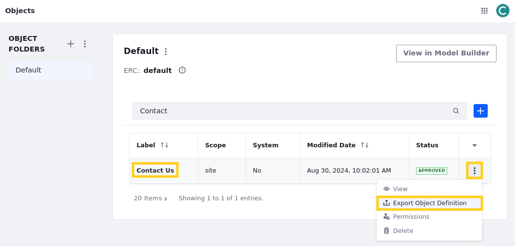 Click Actions for the Contact Us object and select Export Object Definition.