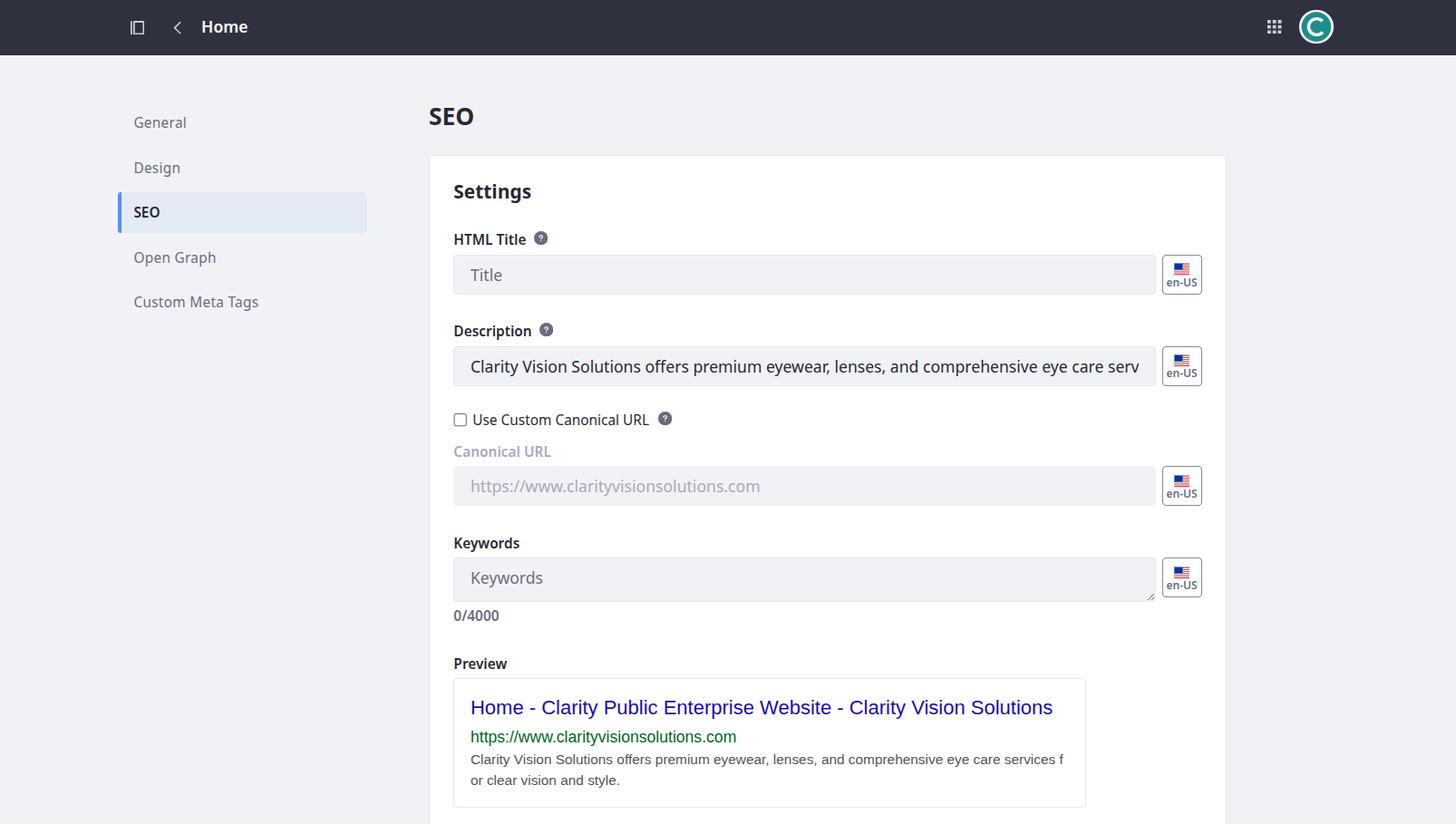 SEO settings listed in the Liferay UI.