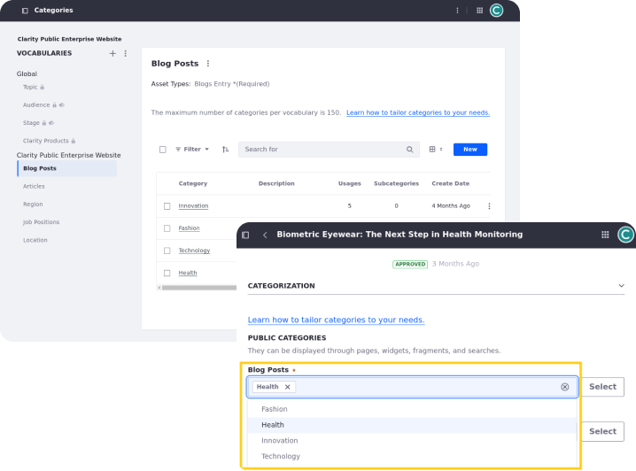 Liferay categories can group assets by content, purpose, format, or some other shared characteristic.