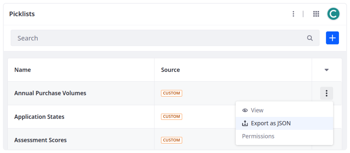 When you export picklists, the JSON includes all of its list items, capturing each item’s localized name, key, and ERC.