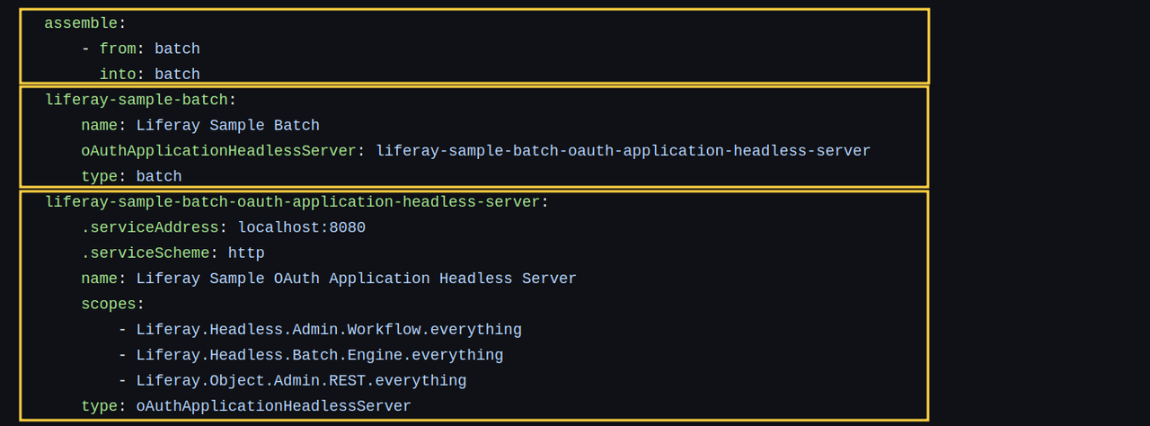 For batch client extensions, the client-extension.yaml file’s configuration elements are set in these three sections.