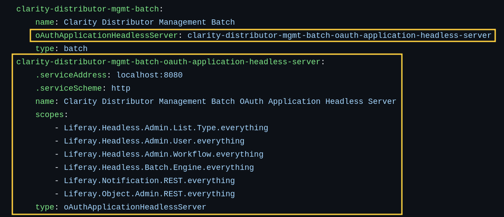 In the previous exercise, an OAuth headless server client extension was created to authorize API calls with the necessary scopes for Clarity’s batch client extension.