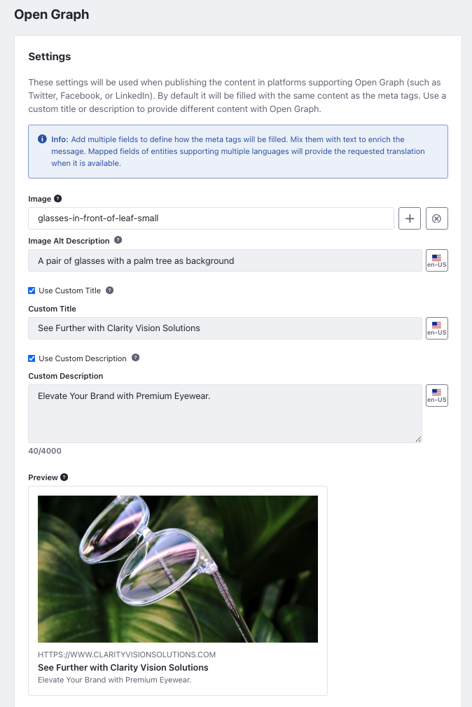 Available Open Graph settings in the Liferay UI.