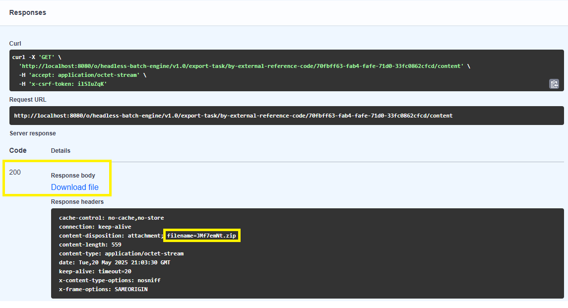 Verify that the request's status code is 200 and the Response body includes a “Download file” link.