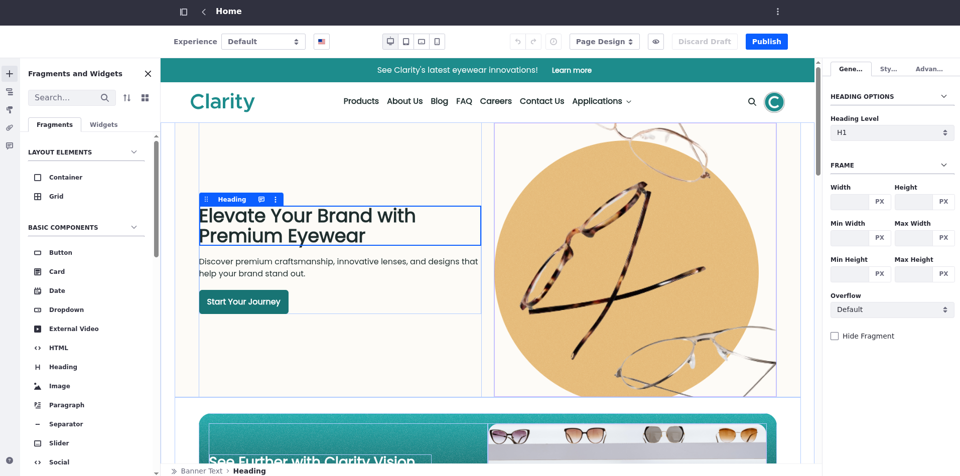 By clicking on content-editable fragments, authors can enter text, add images, and apply basic formatting using a WYSIWYG editor.