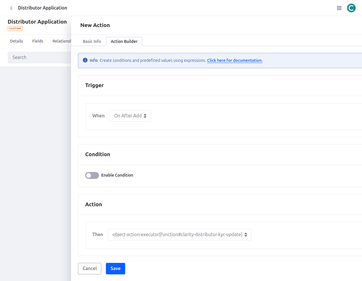 Go to the Action Builder tab and set these values.