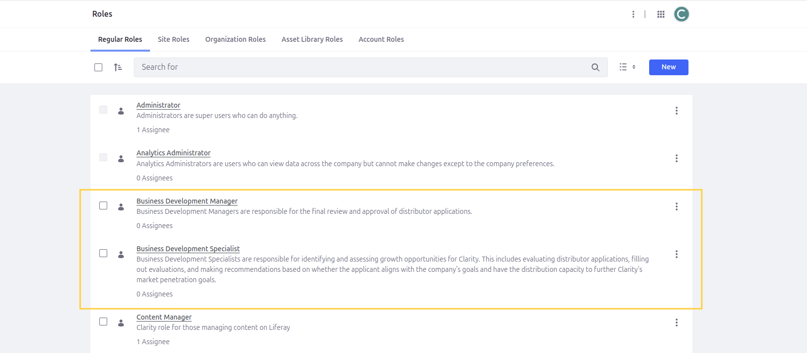 With the Roles menu, there should now be two new roles: Business Development Manager and Business Development Specialist.