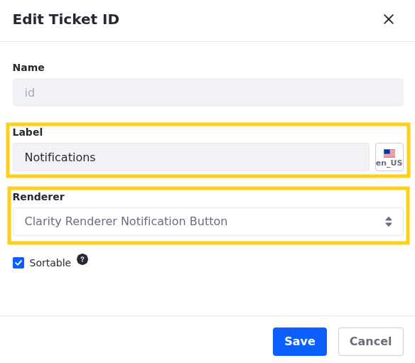 Enter Notifications for Label, select Clarity Renderer Notification Button for Renderer, and click Save.