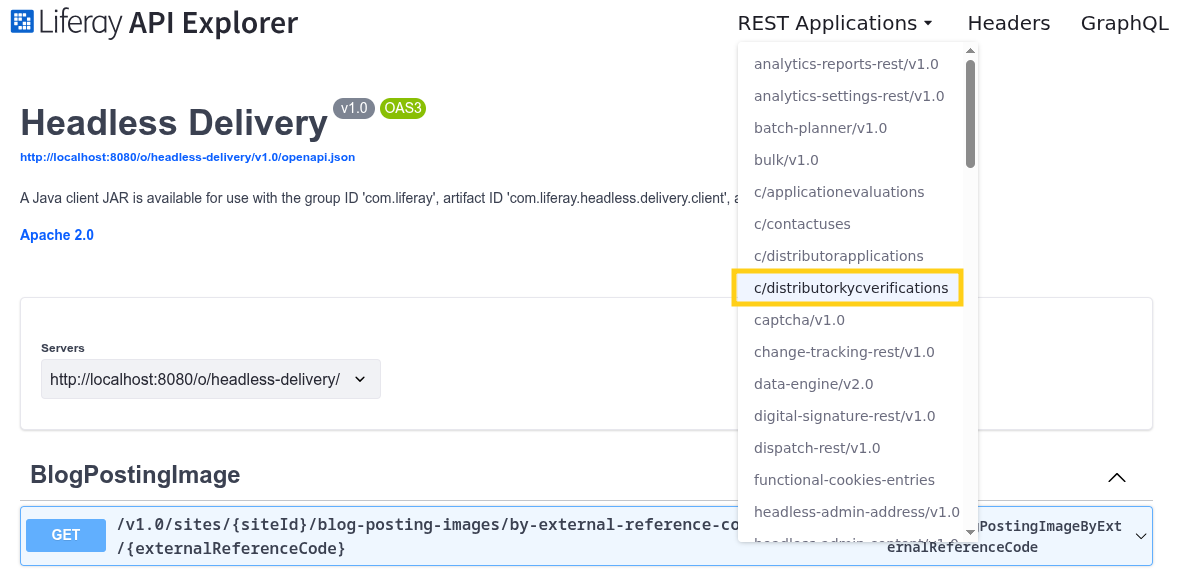 Click the REST Applications drop-down menu and select c/distributorkycverifications.