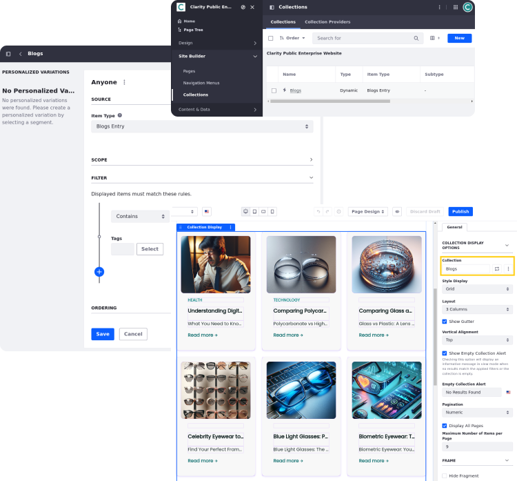 Collections define sets of content for rendering in site pages.