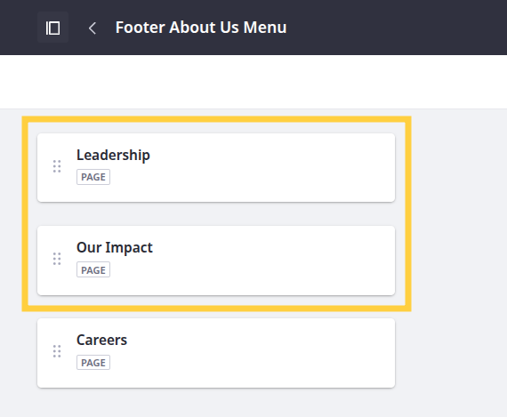 Repeat steps 4-5 for the second About Us item and rename it Our Impact.