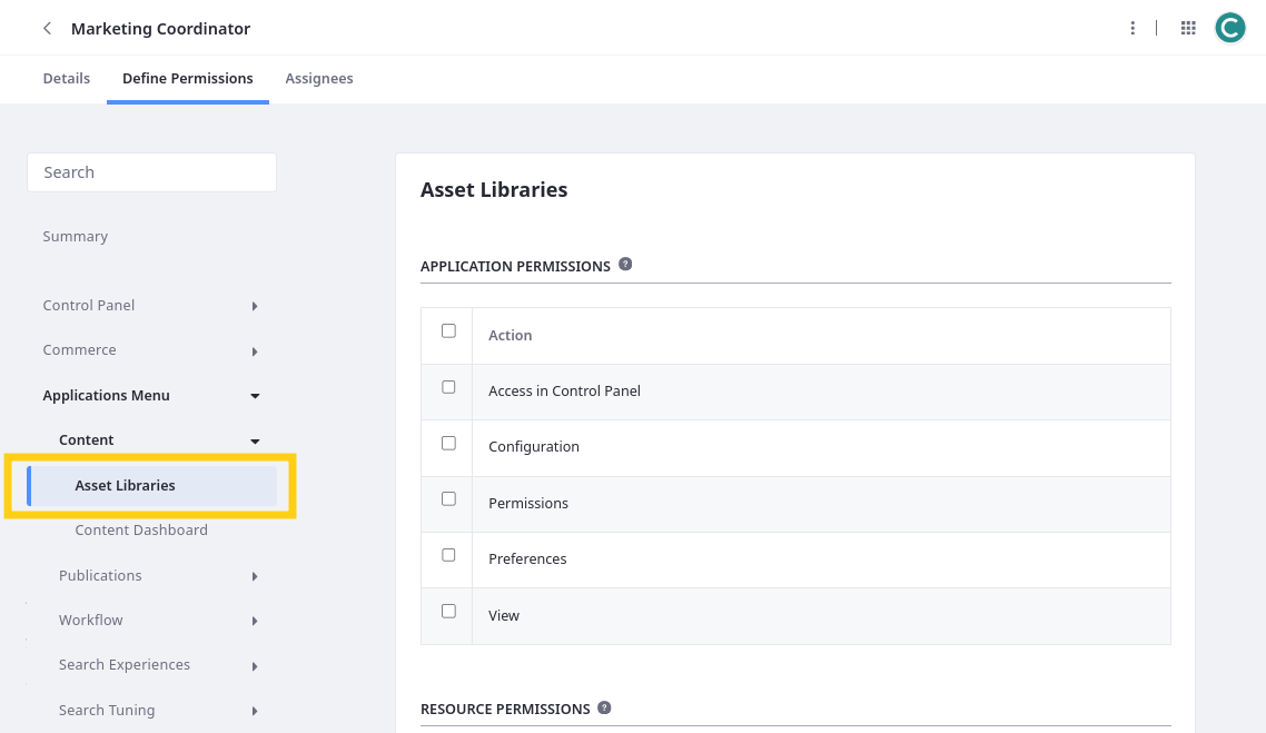 Assign Asset Library permissions to the Marketing Coordinator role.