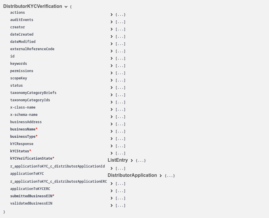 Scroll to the bottom of the page and expand the DistributorValidation schema to verify that the businessLegalName and validatedBusinessEIN fields are represented.
