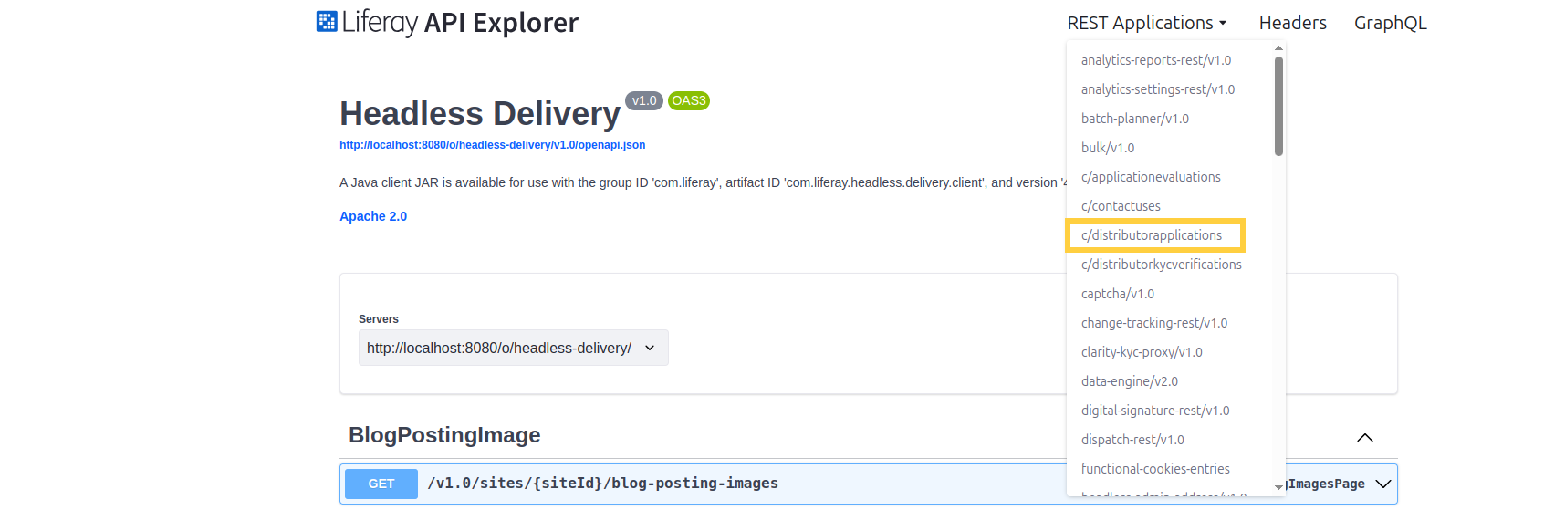 In the upper right, click on the REST Applications drop-down and select c/distributorapplications.