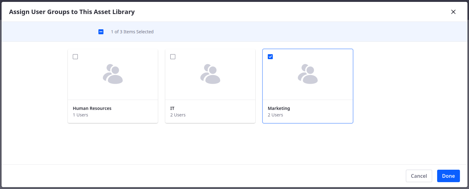 Select the Marketing user group in the Marketing Assets's membership application