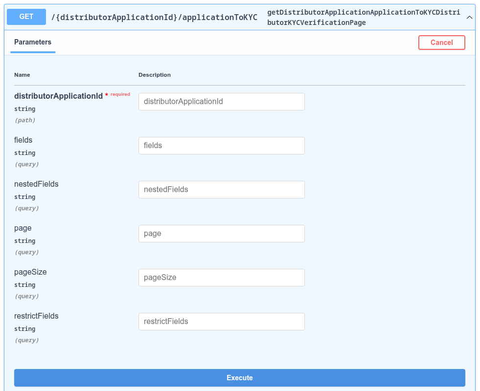 Expand the getDistributorApplicationApplicationToKYCDistributorKYCVerificationPage endpoint.