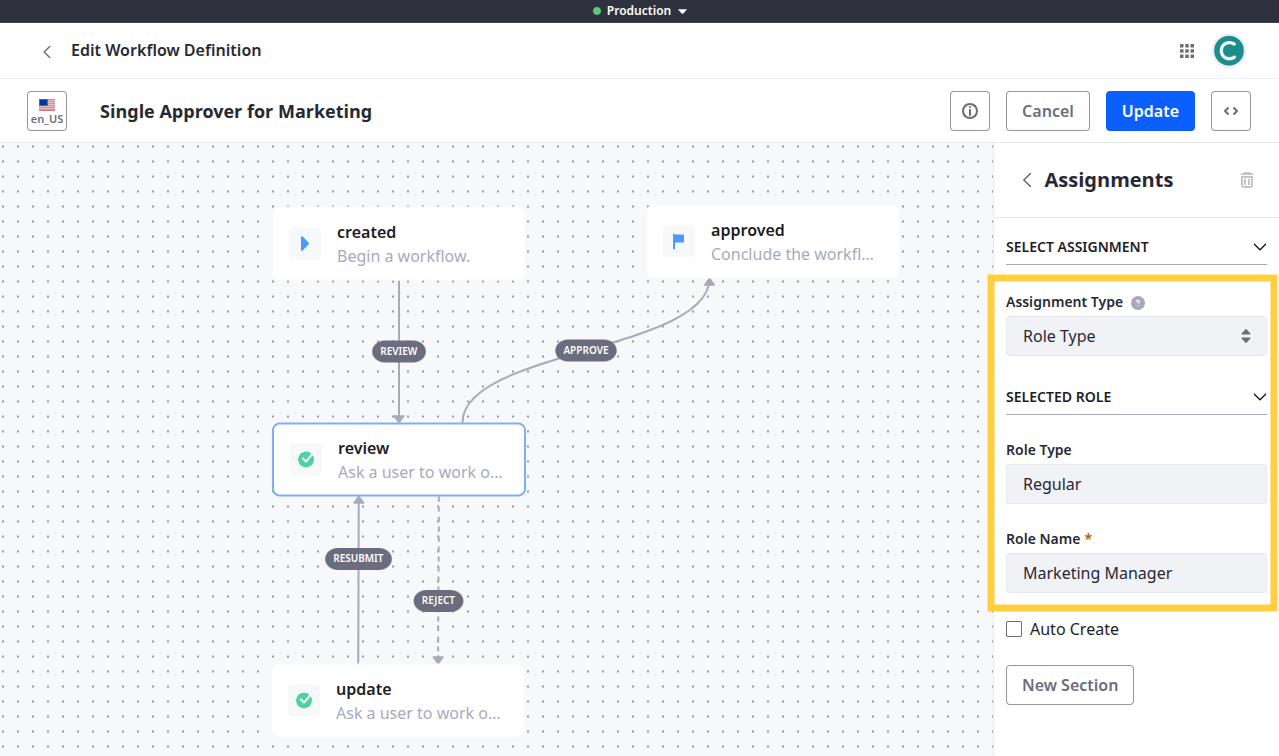 Select the review task node and restrict its assignment to the Marketing Manager role.