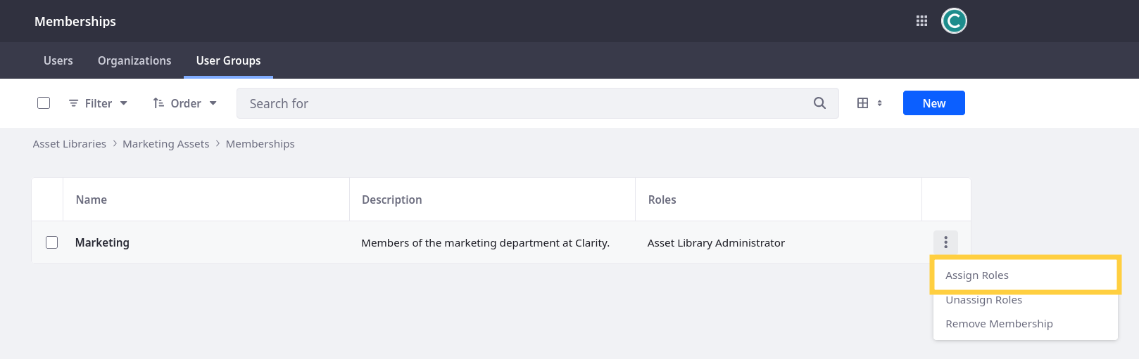 Click Actions for the Marketing user group and select Assign Roles.