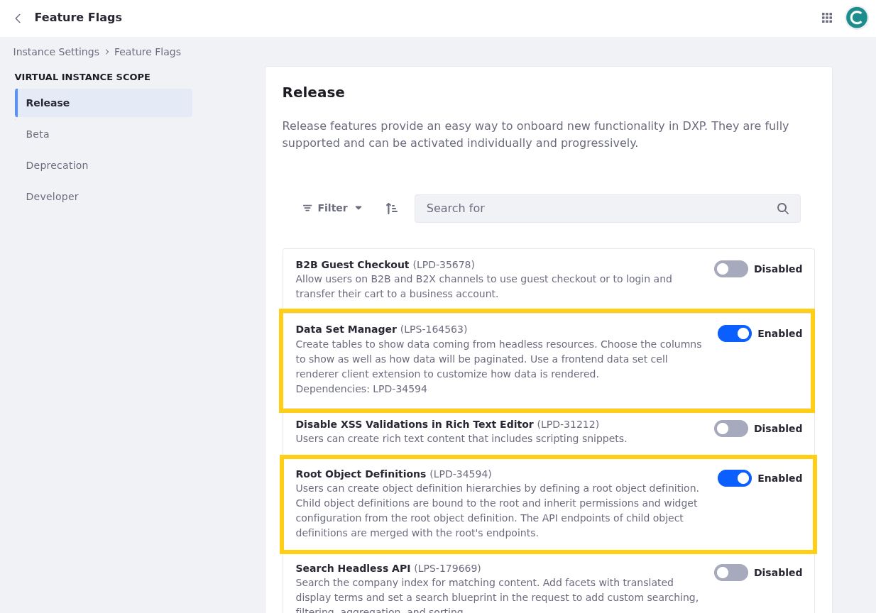 In the Release tab, enable these features.