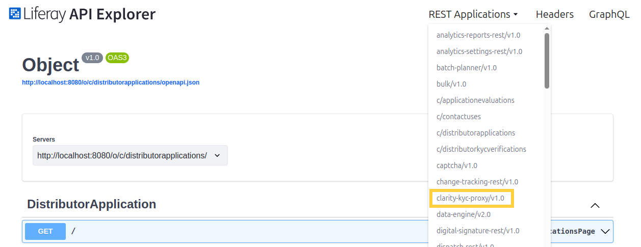 In the upper right, click on the REST Applications drop-down and select clarity-kyc-proxy/v1.0.