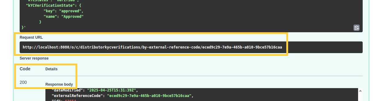 Under Responses, verify a request URL and 200 response code appear.
