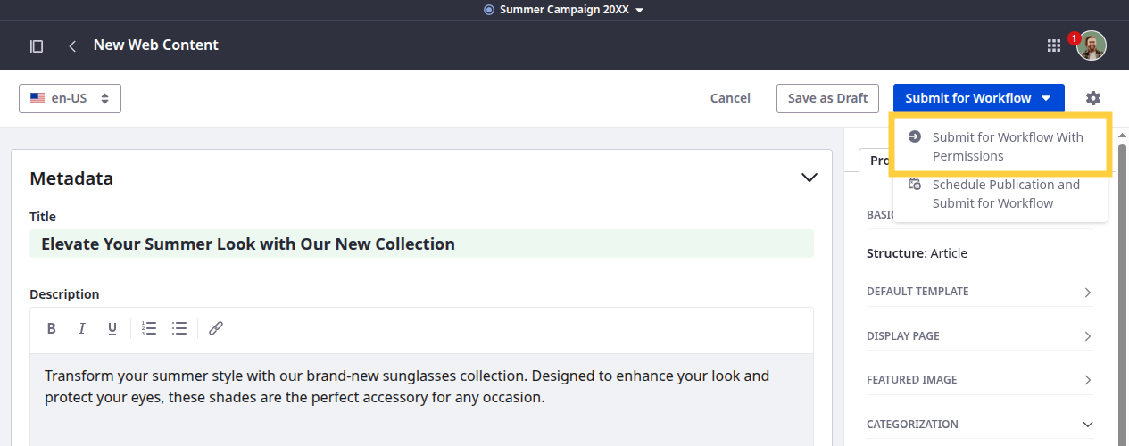 Click Submit for Workflow and select Submit for Workflow with Permissions.