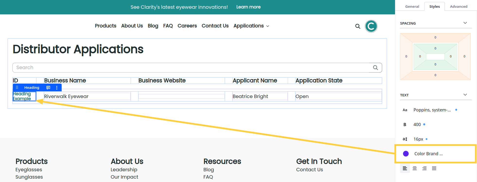 Select the Heading and configure these settings in the configuration side panel.