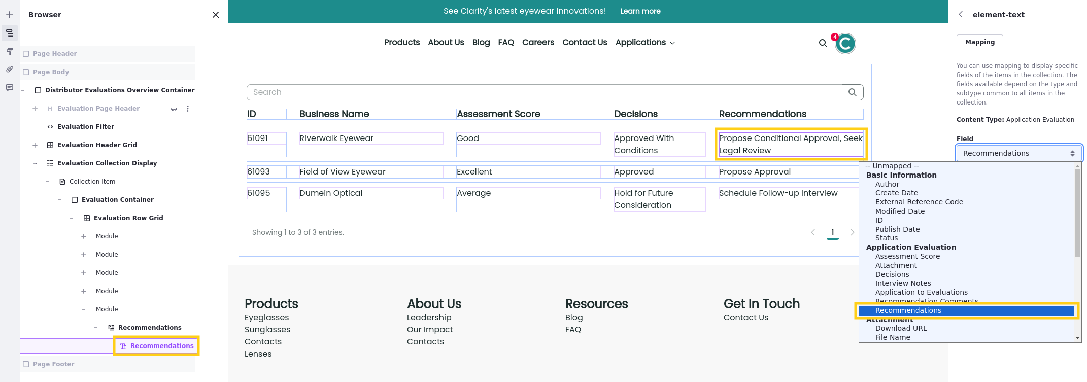 In the configuration side panel, map the text element to the object’s Recommendations field.