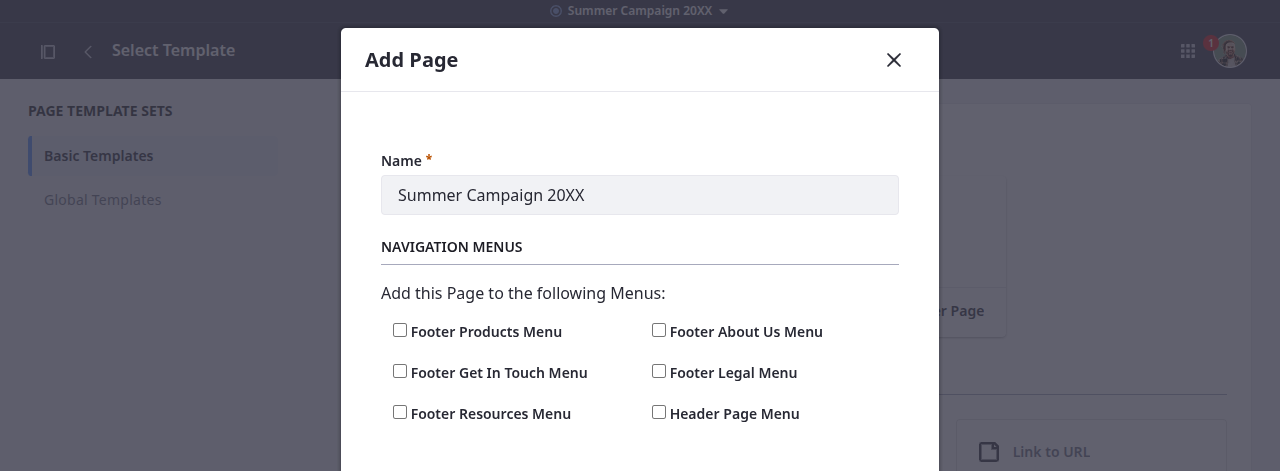 Click New, select Primary Master Page, enter Summer Campaign 20XX for name, and click Add.