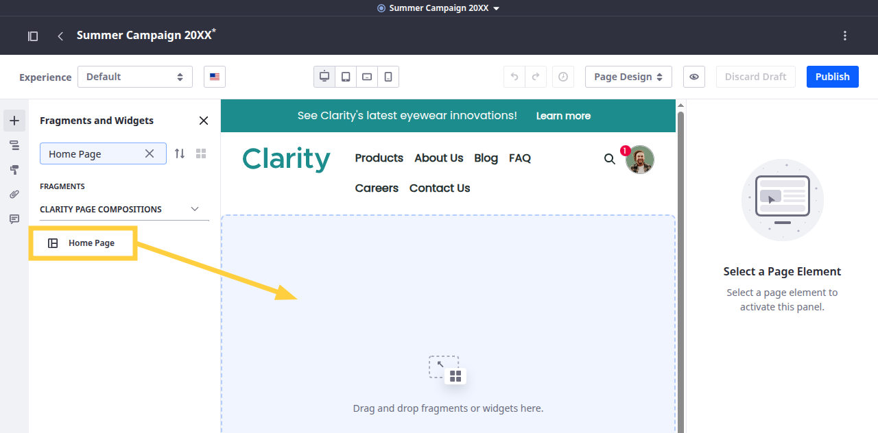 Drag and drop the Home Page fragment composition into the page's central content area.