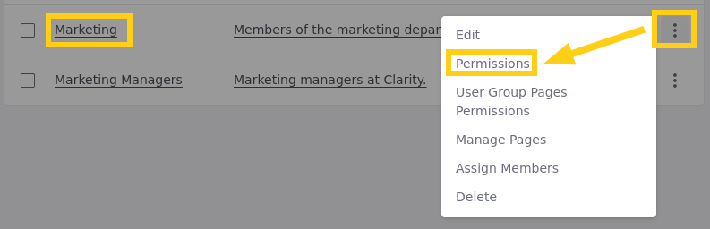Select Permissions in the Actions menu for the Marketing user group.
