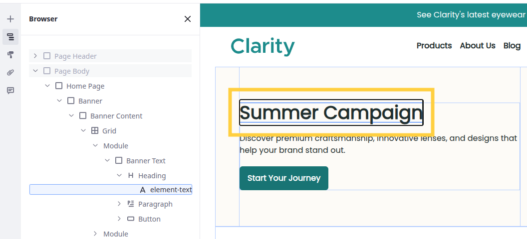 Double click the main banner’s Heading fragment and change its text to Summer Campaign.