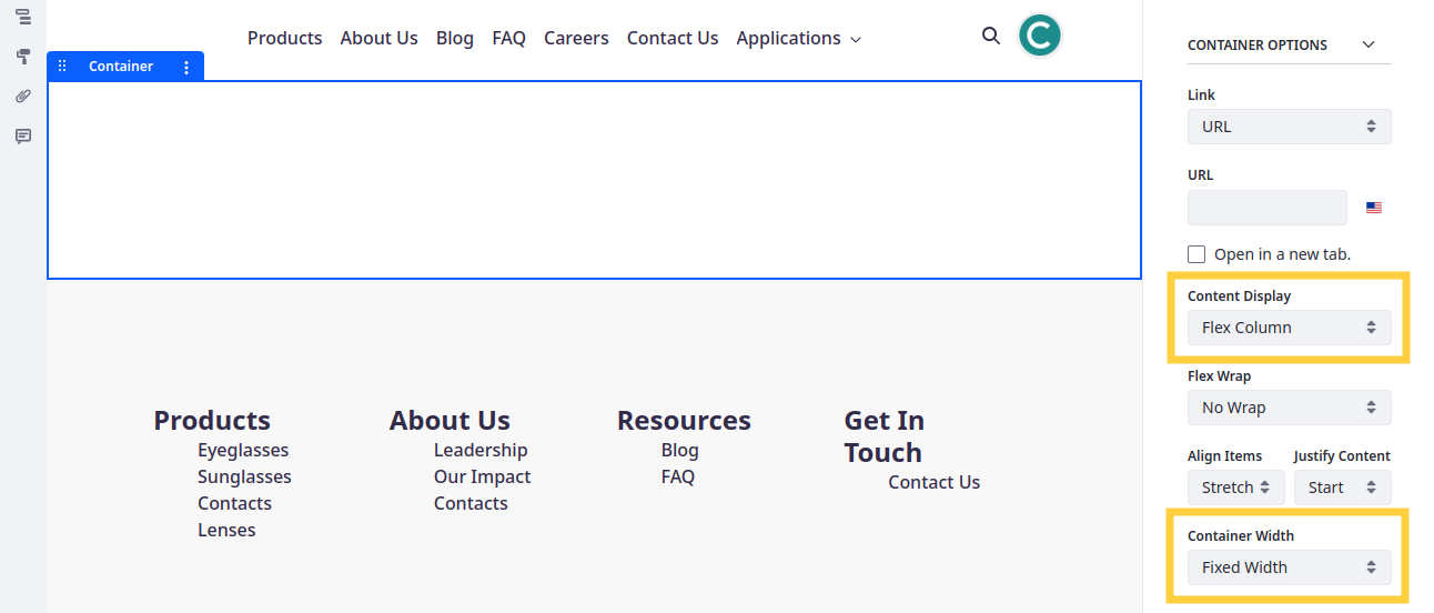 Select the container and configure the settings in the configuration side panel.