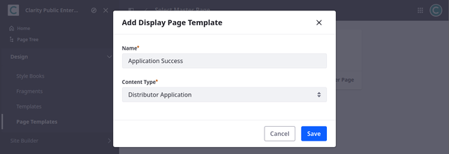 For Conetnt Type, select Distributor Application as Display Page Template