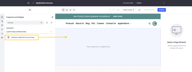 Drag and drop the Distributor Application Success Page composition into the page body.