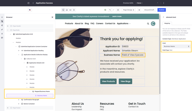 In the configuration side panel, map the text element to the object’s Business Name as the Field.
