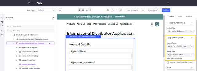 Select the Distributor Application Form Container and configure the settings according to the values in the table