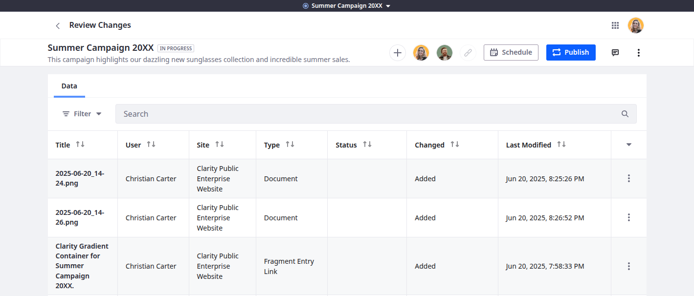 The default view displays a complete list of all changes tracked by the publication.