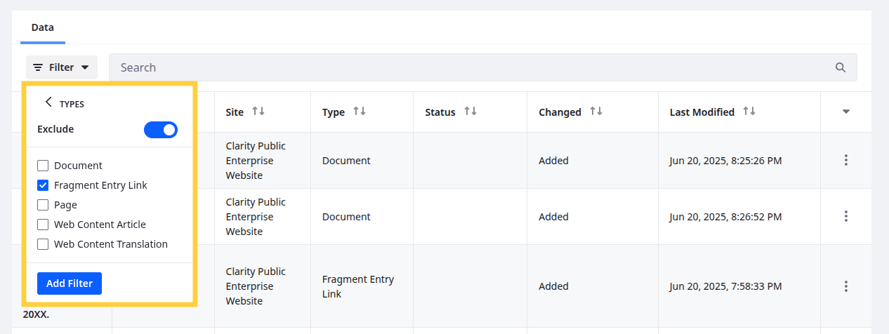 Toggle Exclude, check Fragment Entry Link, and click Add Filter. 