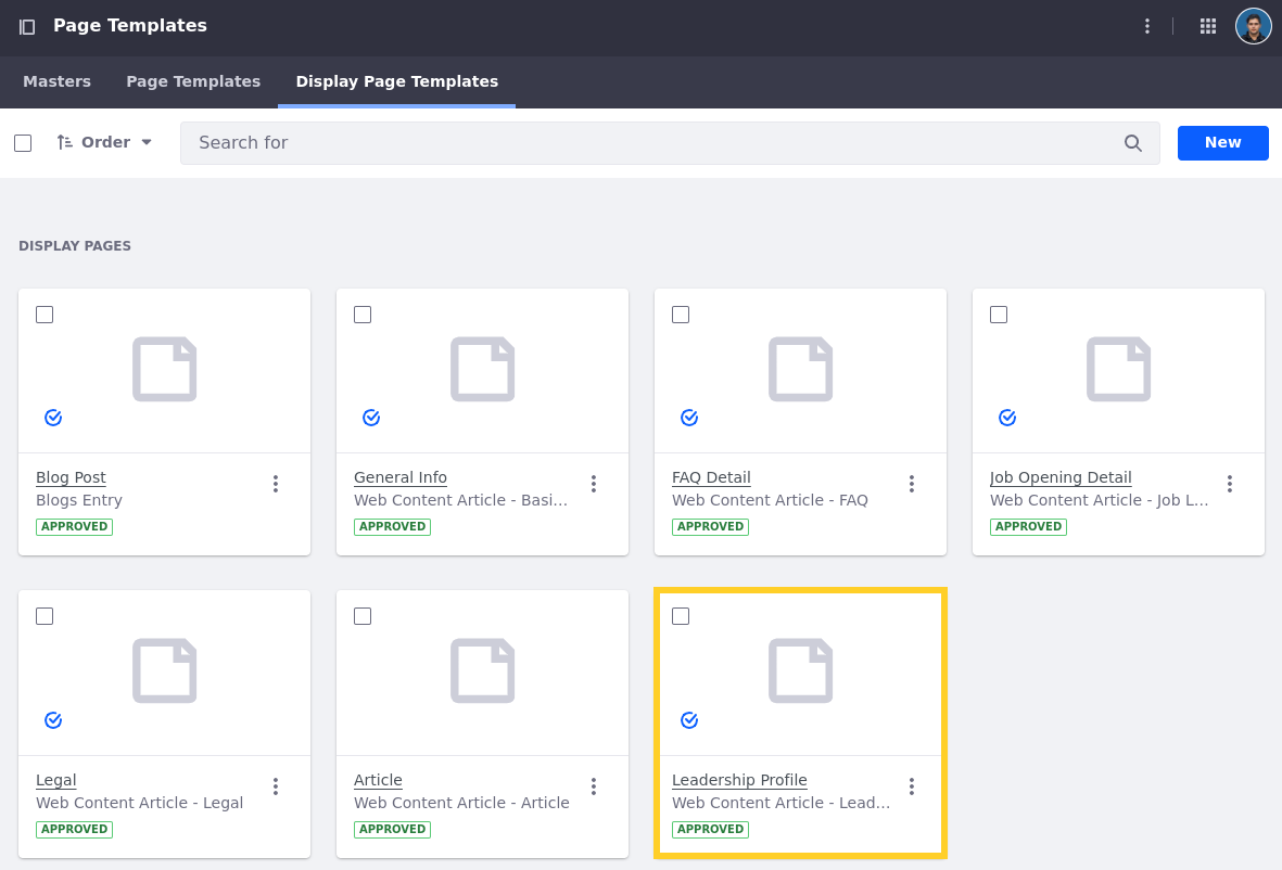 Mark the Leadership Profile display page template as default.