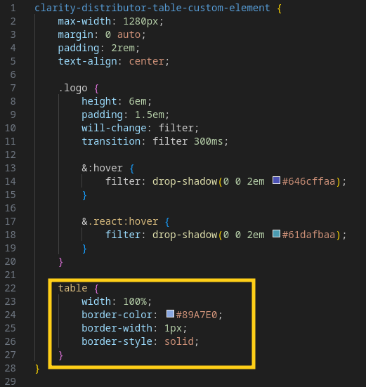 Within the table block, include these styles.