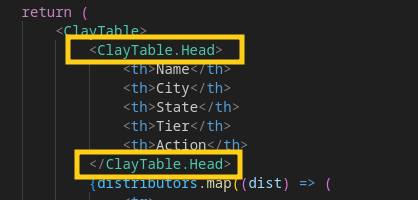 ithin <ClayTable>, replace the first set of <tr> and </tr> tags with <ClayTable.Head> and </ClayTable.Head>.