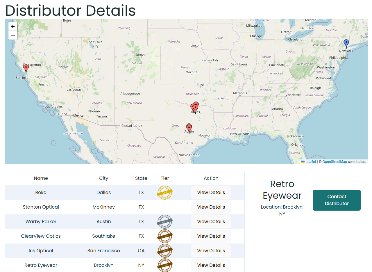 Verify the map marker associated with Retro Eyewear is blue.