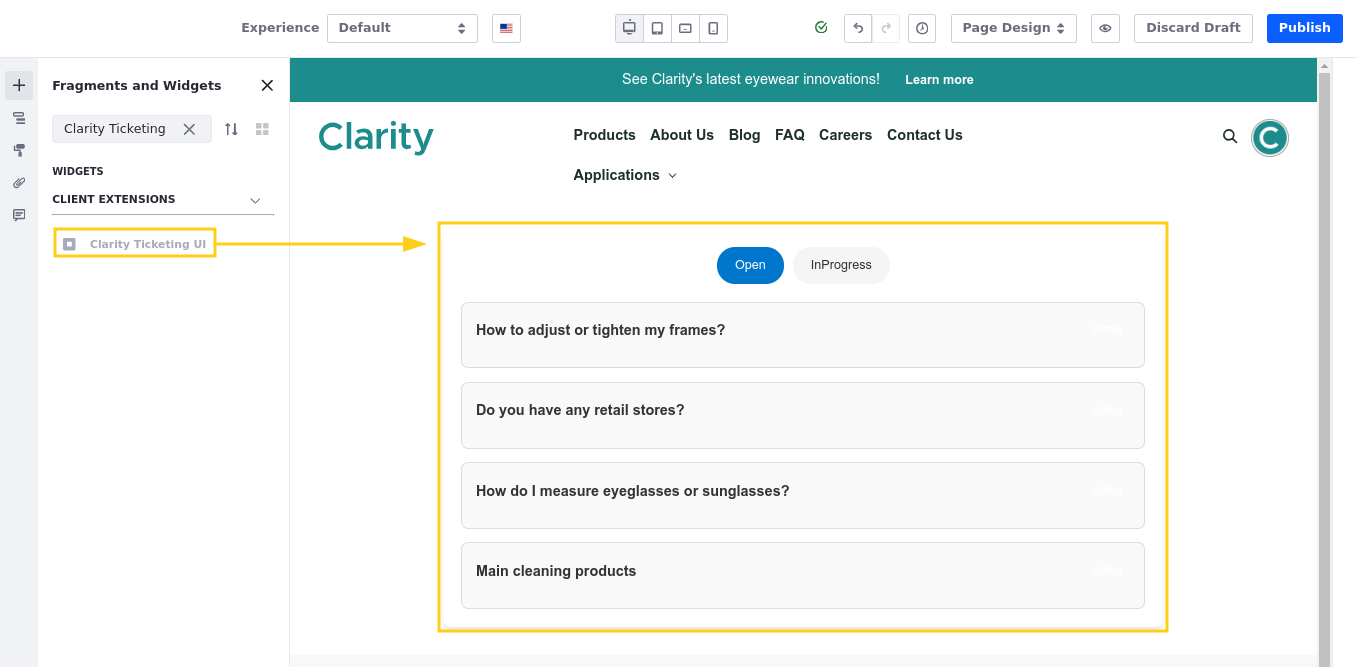 Drag and drop the Clarity Ticketing UI widget to the page.