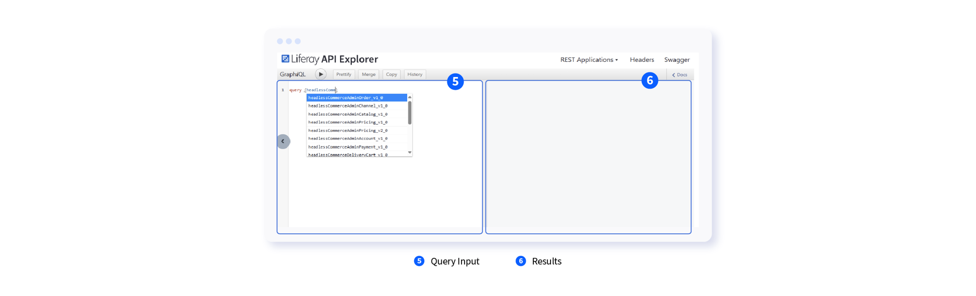 Liferay's GraphiQL editor accepts queries on the left and displays results on the right. 