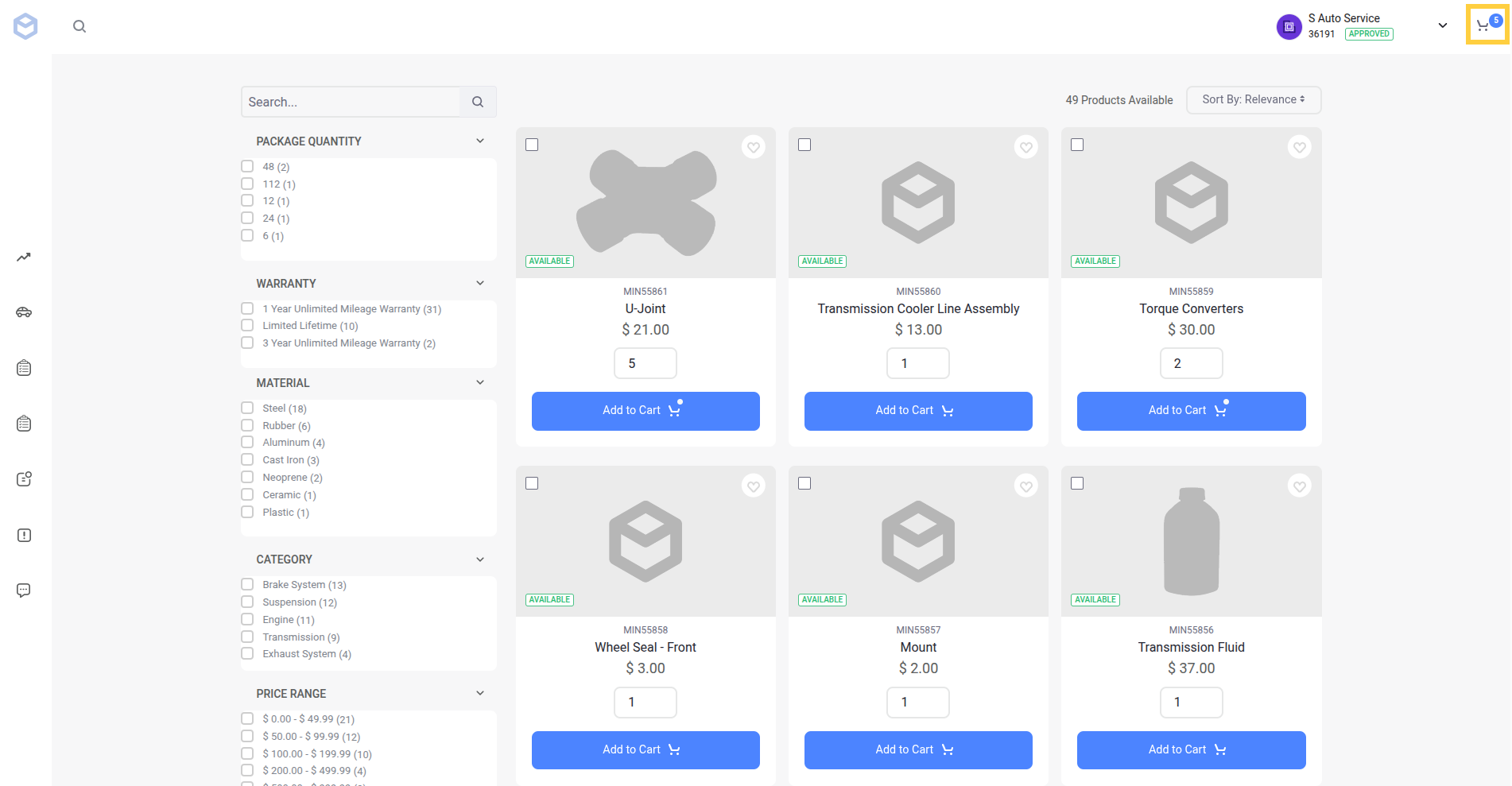 Liferay UI screenshot: The catalog page is present with items added to the cart.