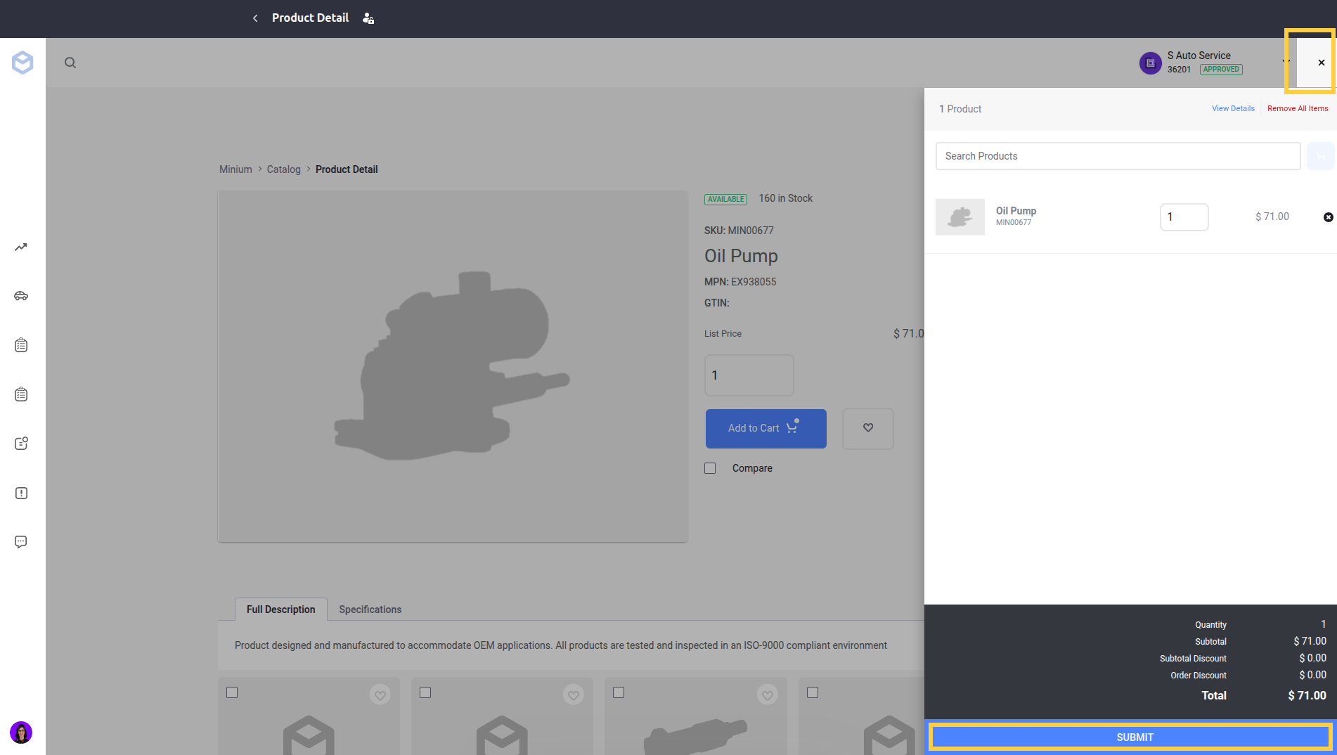 Liferay UI screenshot: The submit icon appears at the bottom after clicking the mini cart icon in the upper right.